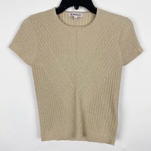 Nanette Lepore Knit Top Gold Short Sleeve Ribbed Sparkle Metallic Women's Size S